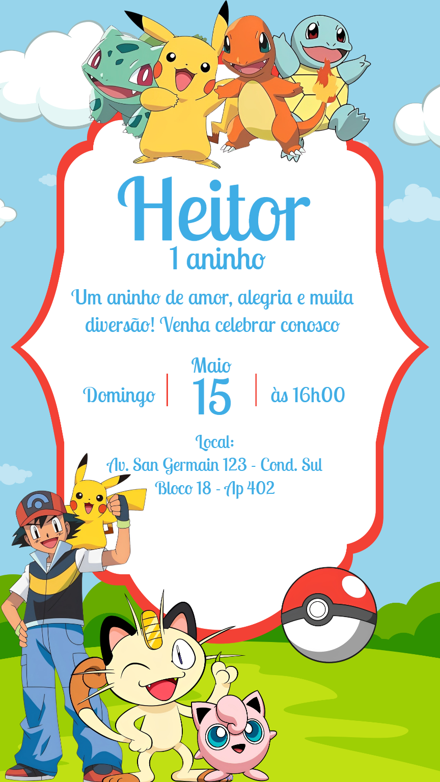 Convite de Aniversário Pokémon com a Turma para Editar Online Convite de Aniversário Pokémon com a Turma para Editar Online