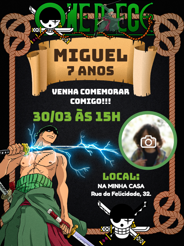 Convite Aniversário Zoro One Piece com Foto para Editar Online Convite Aniversário Zoro One Piece com Foto para Editar Online