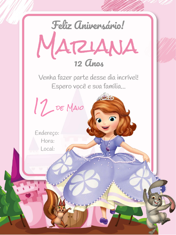 Convite Aniversário Princesa Sofia para Editar Online