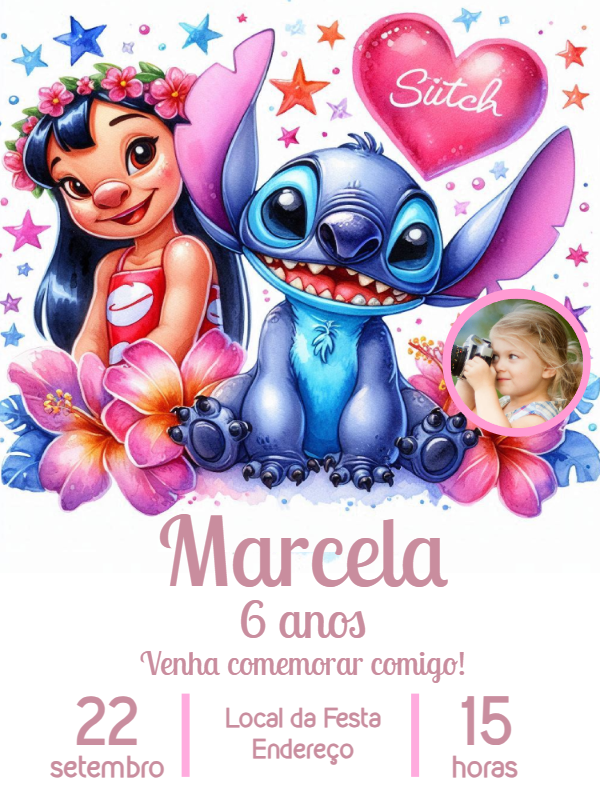 Convite de Aniversário Lilo e Stitch com Foto para Editar Online Convite de Aniversário Lilo e Stitch com Foto para Editar Online