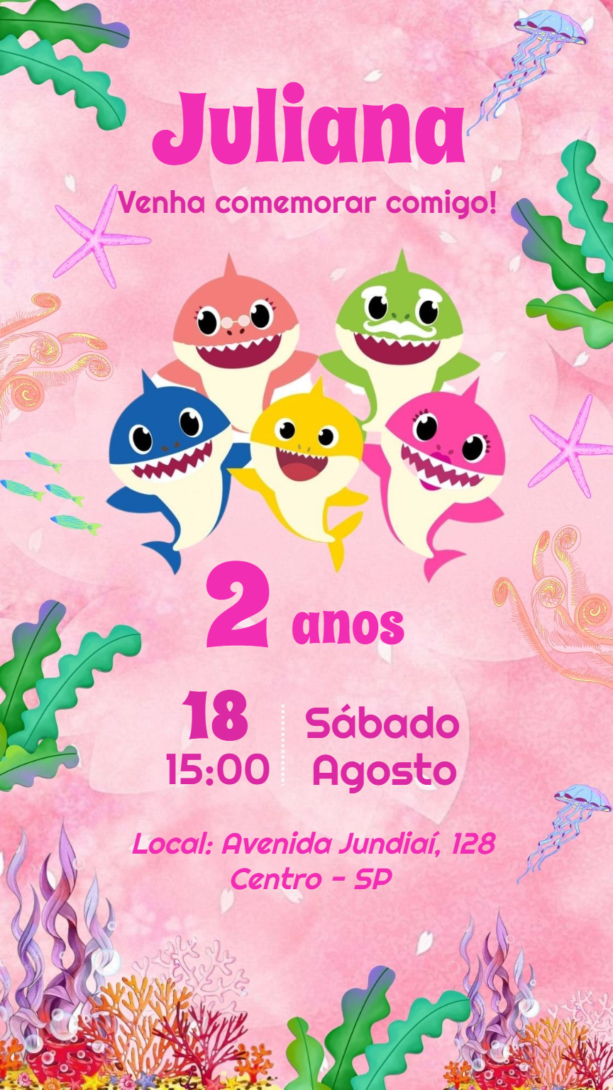 Convite de Aniversário Baby Shark para Editar e Imprimir Convite de Aniversário Baby Shark para Editar e Imprimir