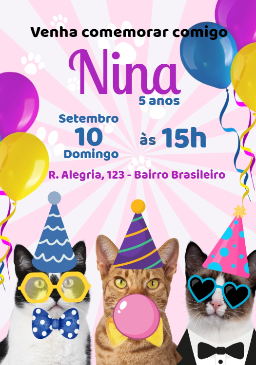 Convite Aniversário de Gatinhos Fofos para Editar Online Convite Aniversário de Gatinhos Fofos para Editar Online