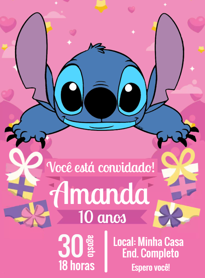 Convite de Aniversário Stitch Rosa para Editar Online Convite de Aniversário Stitch Rosa para Editar Online