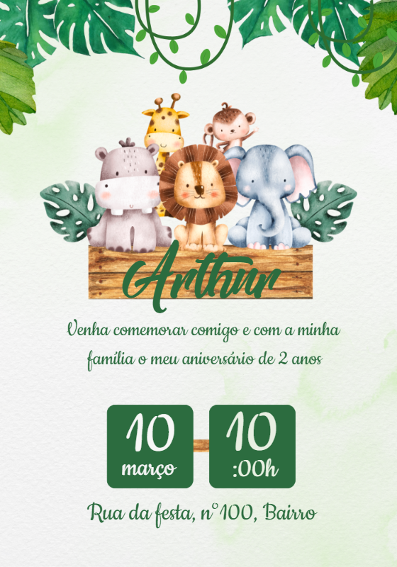 Convite Aniversário Safari com Animais Fofos para Editar Online Convite Aniversário Safari com Animais Fofos para Editar Online