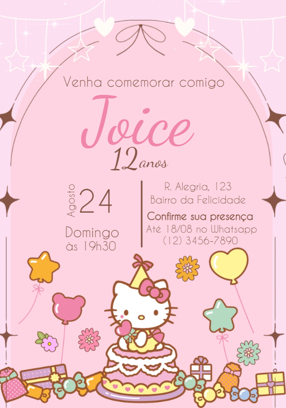 Convite de Aniversário Hello Kitty para Editar Online Convite de Aniversário Hello Kitty para Editar Online