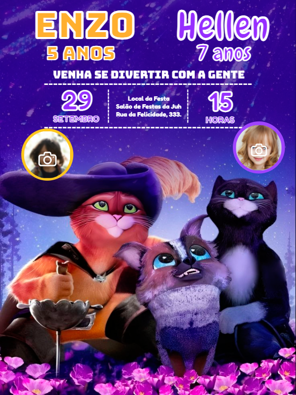Convite Aniversário Duplo Gato de Botas com Foto para Editar Convite Aniversário Duplo Gato de Botas com Foto para Editar