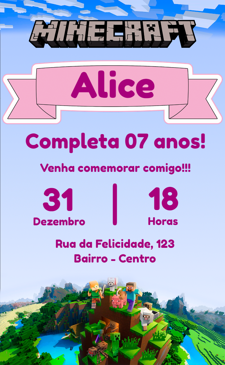 Convite Aniversário Minecraft Menina para Editar Online Convite Aniversário Minecraft Menina para Editar Online