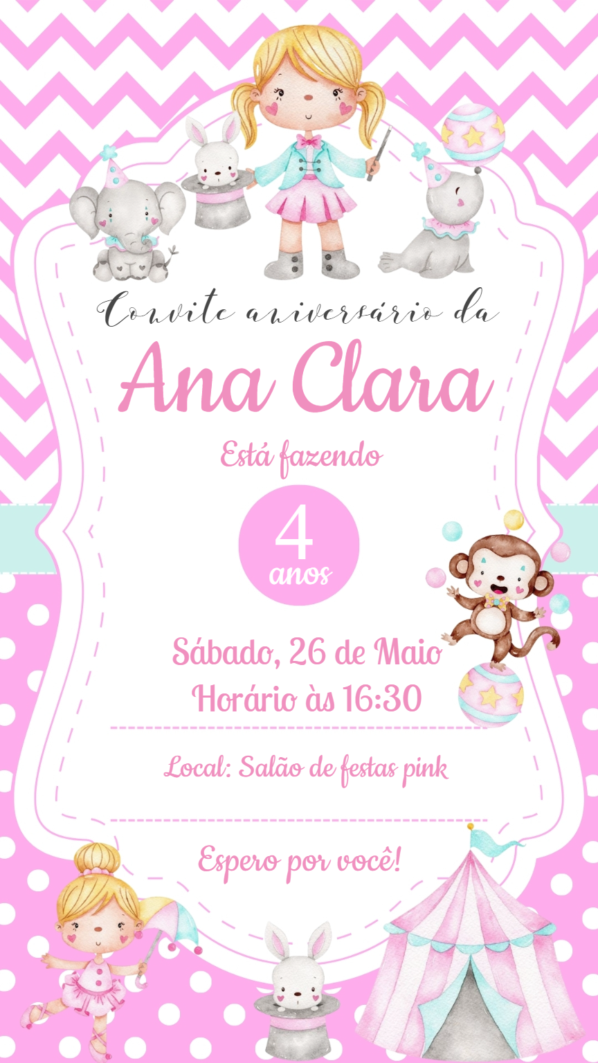 Convite Aniversário Circo Rosa com Animais para Editar Convite Aniversário Circo Rosa com Animais para Editar