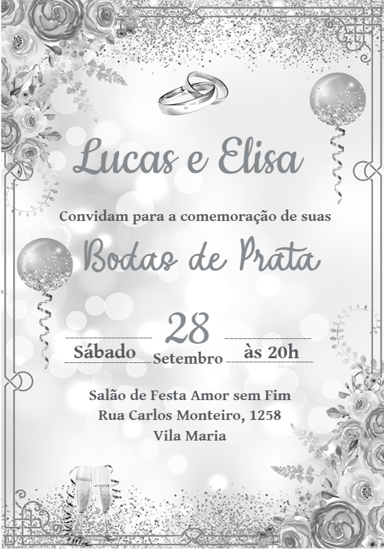 Convite Bodas de Prata Elegante com Brilho para Editar Online Convite Bodas de Prata Elegante com Brilho para Editar Online