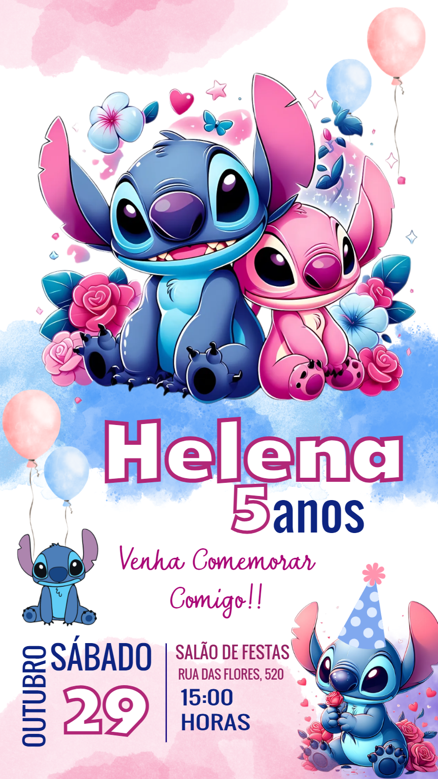 Convite Aniversário Stitch e Angel para Editar Online Convite Aniversário Stitch e Angel para Editar Online