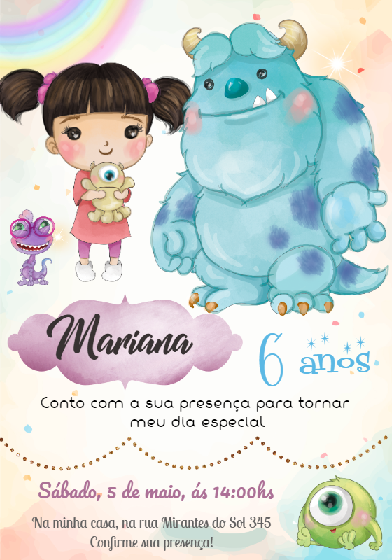 Convite Aniversário Monstros SA Aquarela para Editar Online Convite Aniversário Monstros SA Aquarela para Editar Online