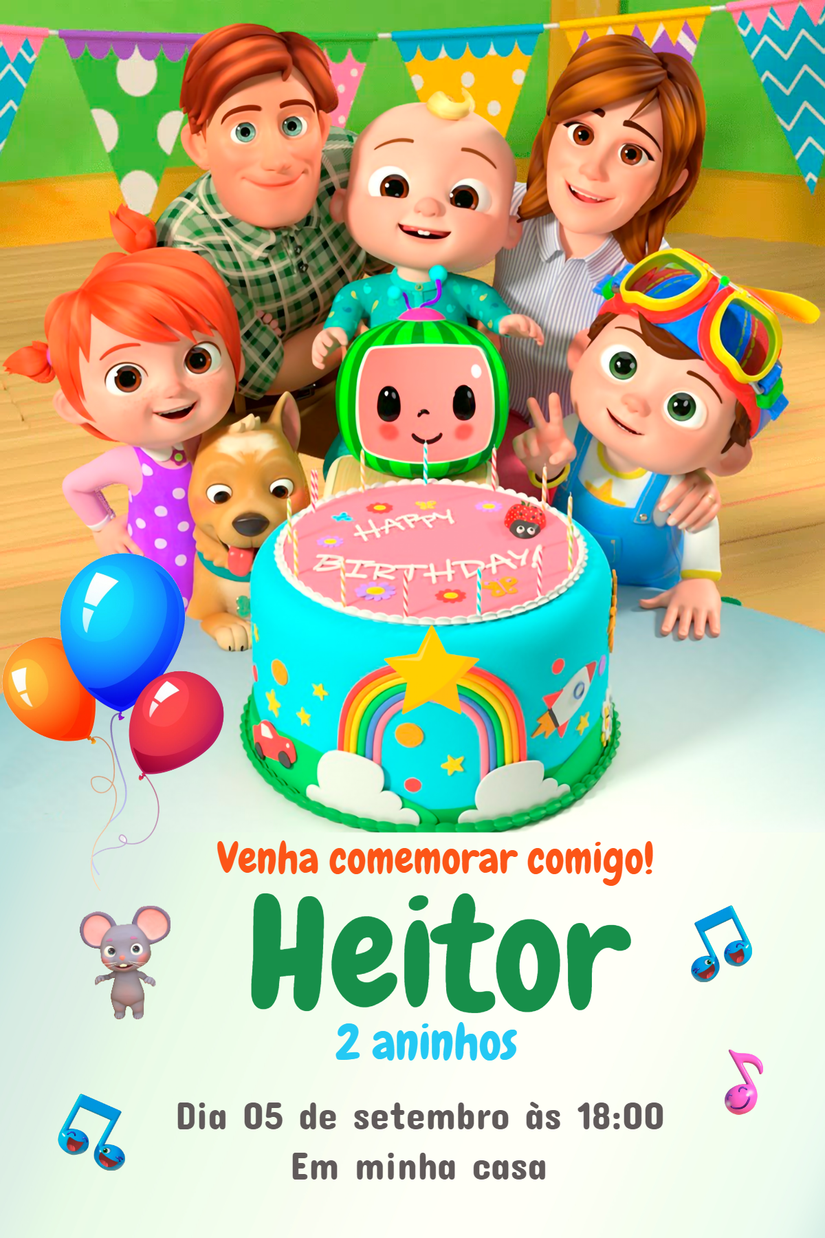 Convite de Aniversário Cocomelon com Personagens para Editar Convite de Aniversário Cocomelon com Personagens para Editar