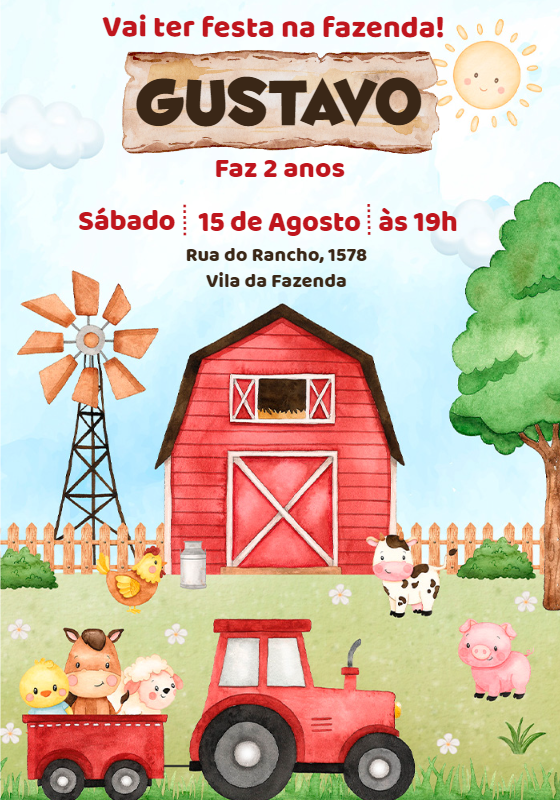 Convite Aniversário Fazendinha Aquarela para Editar Online Convite Aniversário Fazendinha Aquarela para Editar Online