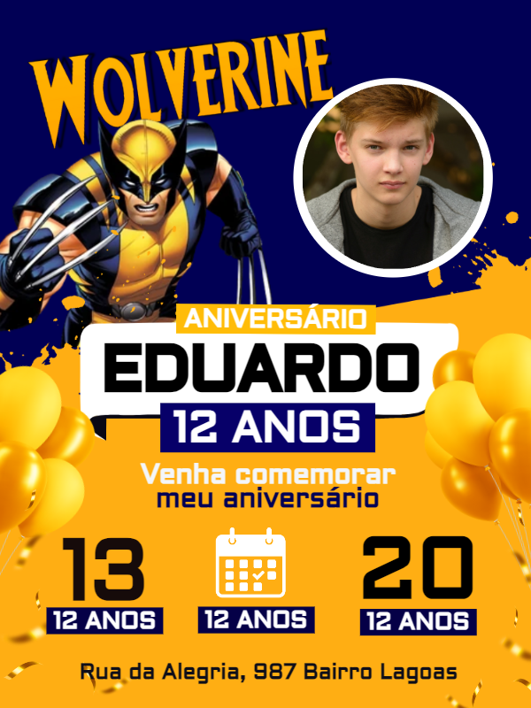 Convite de Aniversário Wolverine com Foto para Editar Online Convite de Aniversário Wolverine com Foto para Editar Online