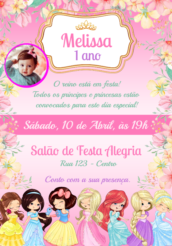 Convite Aniversário Princesas com Foto para Editar Online Convite Aniversário Princesas com Foto para Editar Online