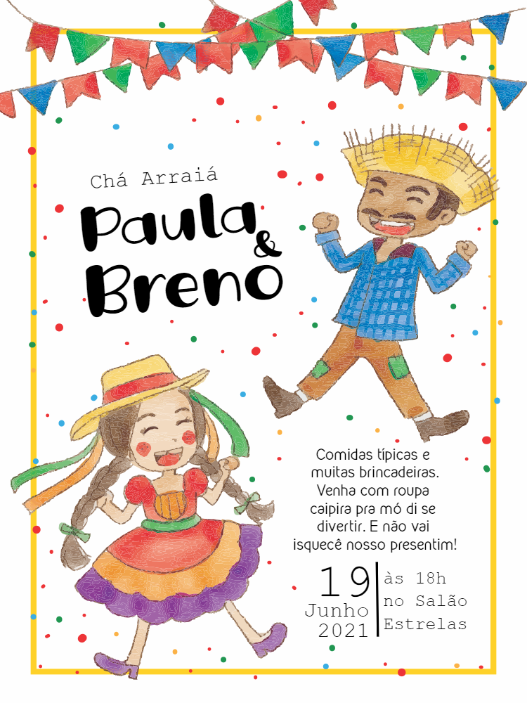 Convite Chá Arraiá com Casal Caipira para Editar Online Convite Chá Arraiá com Casal Caipira para Editar Online