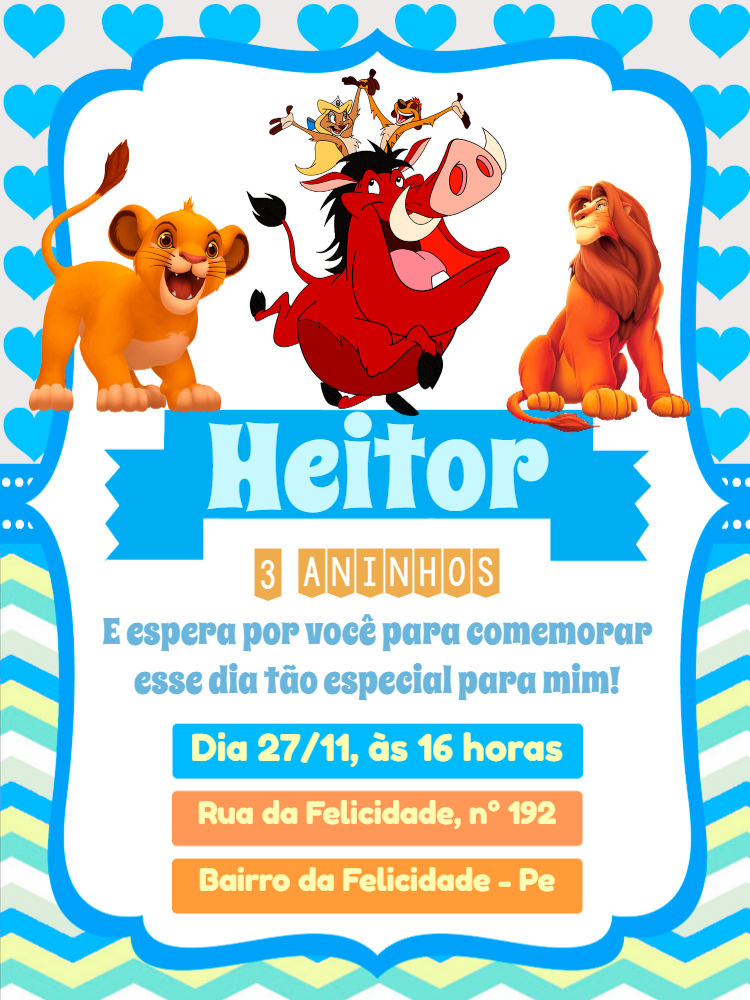 Convite de Aniversário Rei Leão com Personagens para Editar Convite de Aniversário Rei Leão com Personagens para Editar