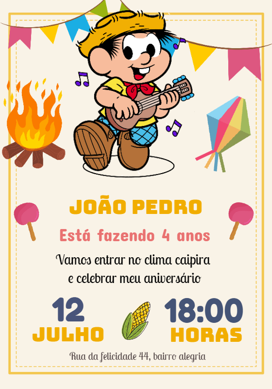 Convite Aniversário Festa Junina Chico Bento para Editar Online Convite Aniversário Festa Junina Chico Bento para Editar Online