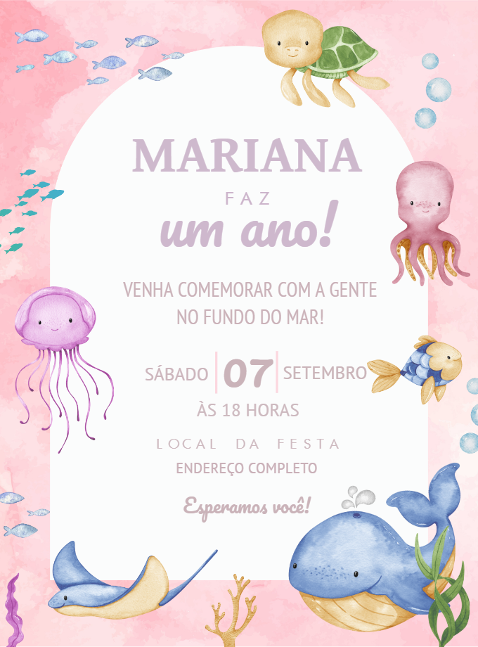 Convite Aniversário Fundo do Mar Aquarela para Editar Online Convite Aniversário Fundo do Mar Aquarela para Editar Online