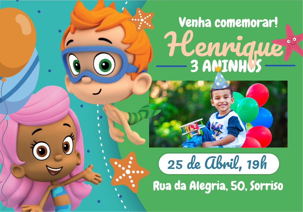 Convite de Aniversário Bubble Guppies com Foto para Editar Convite de Aniversário Bubble Guppies com Foto para Editar