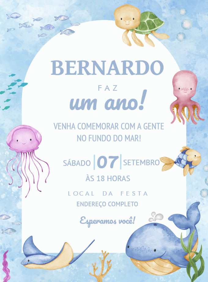 Convite Aniversário Fundo do Mar Aquarela para Editar Online Convite Aniversário Fundo do Mar Aquarela para Editar Online