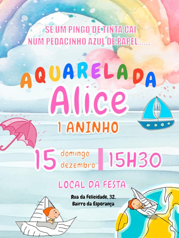 Convite Aniversário Menina Aquarela Toquinho para Editar Convite Aniversário Menina Aquarela Toquinho para Editar