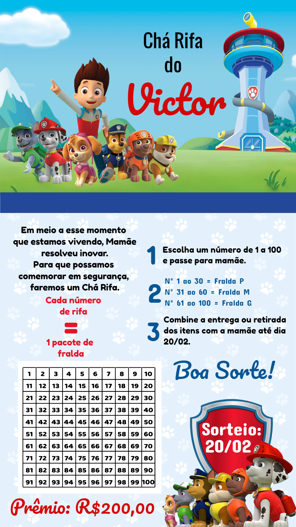 Convite Chá Rifa Patrulha Canina para Editar Online e Imprimir Convite Chá Rifa Patrulha Canina para Editar Online e Imprimir