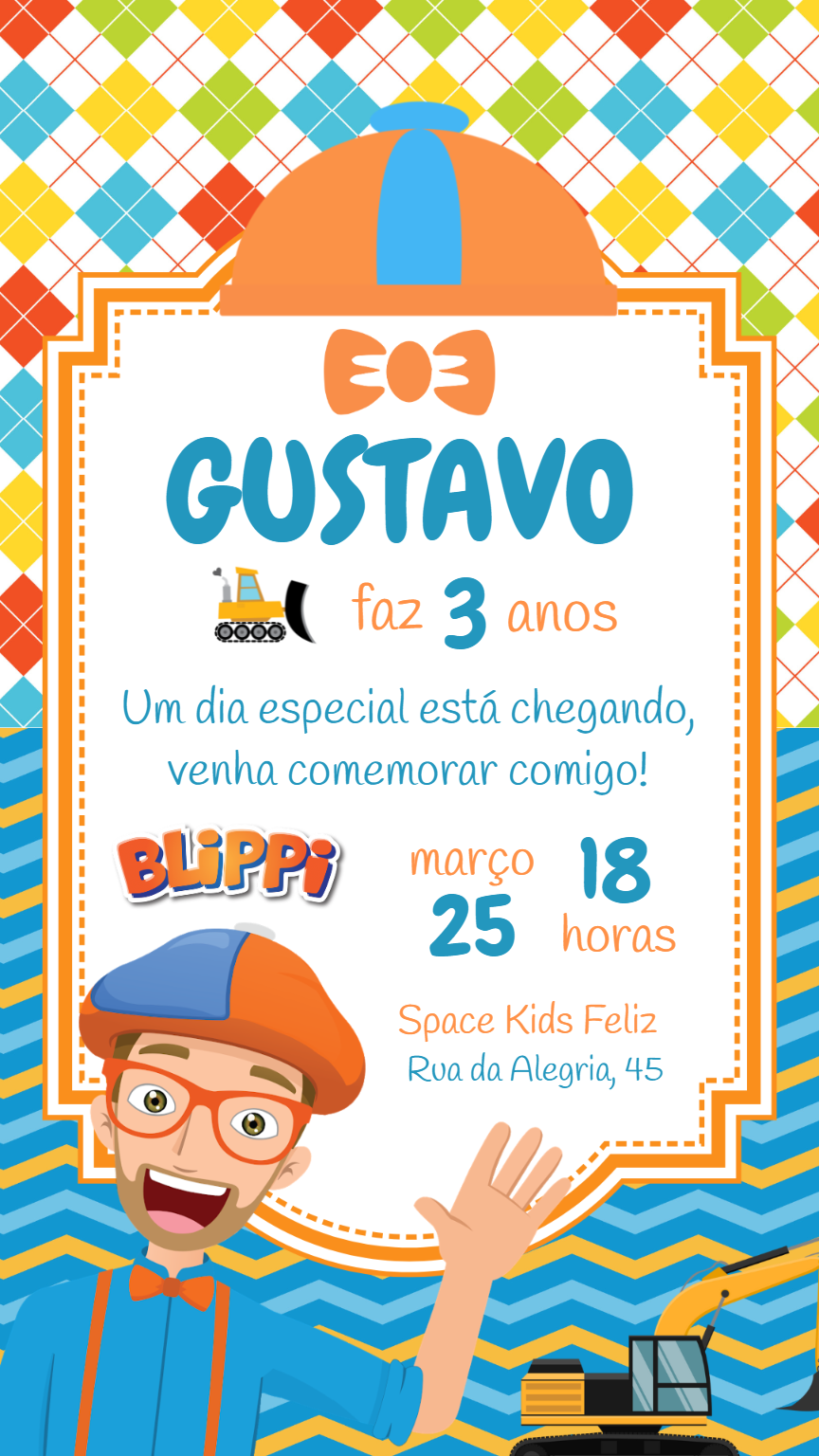 Convite de Aniversário Blippi para Editar Online Convite de Aniversário Blippi para Editar Online