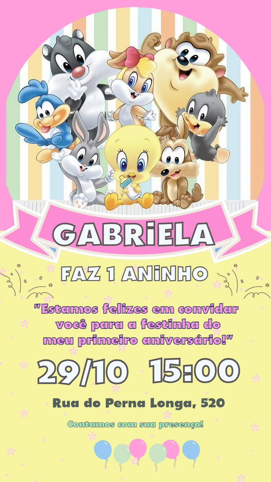 Convite de Aniversário Looney Tunes Baby para Editar Online Convite de Aniversário Looney Tunes Baby para Editar Online