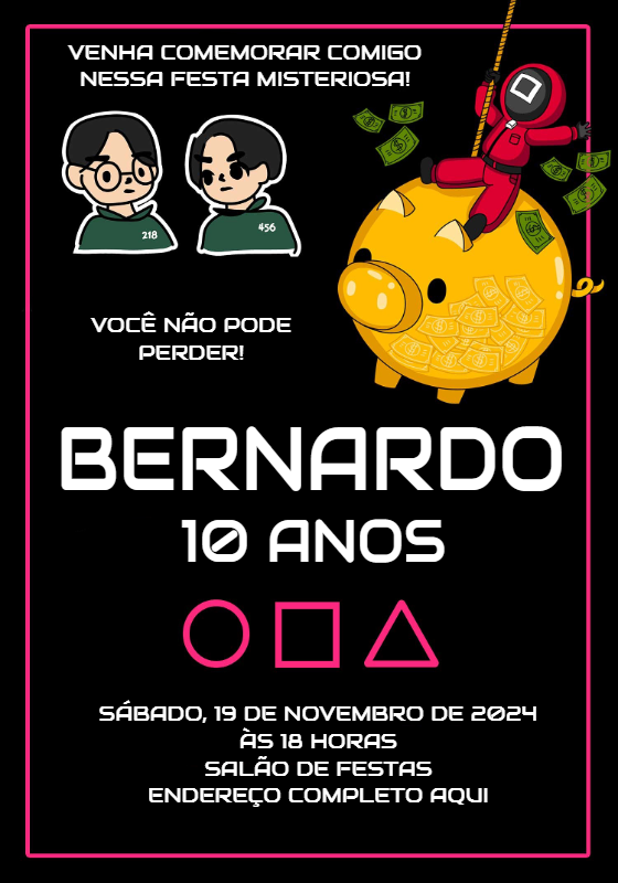 Convite de Aniversário Round 6 com Personagens para Editar Convite de Aniversário Round 6 com Personagens para Editar