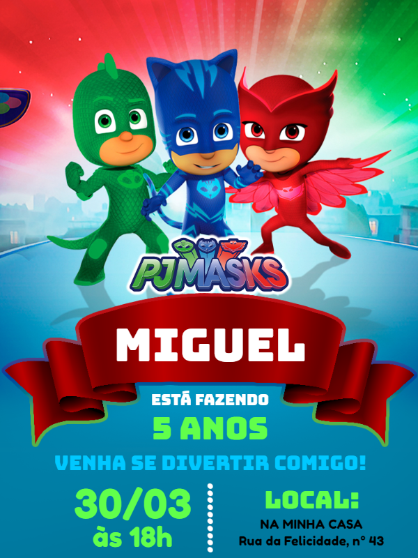Convite de Aniversário PJ Masks para Editar Online Convite de Aniversário PJ Masks para Editar Online