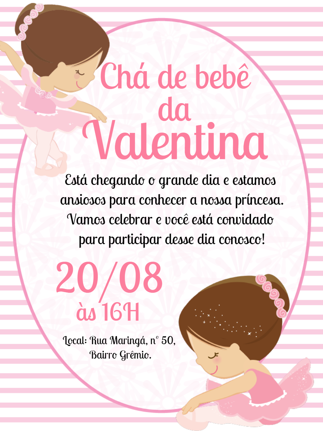 Convite Chá de Bebê Bailarina Delicada para Editar Online Convite Chá de Bebê Bailarina Delicada para Editar Online