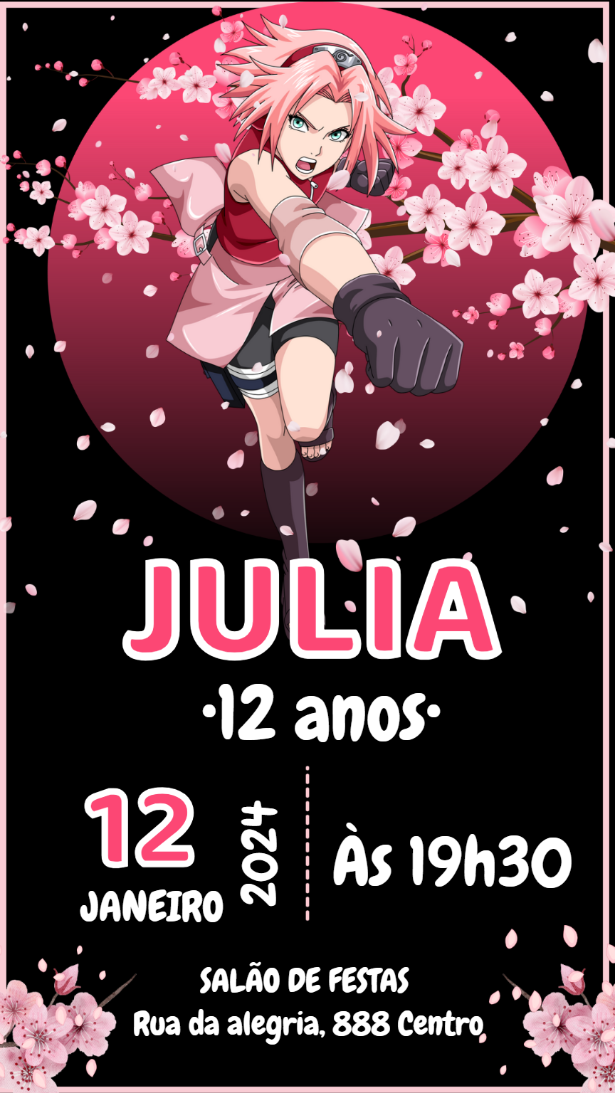 Convite Aniversário Sakura Haruno Naruto para Editar Online Convite Aniversário Sakura Haruno Naruto para Editar Online