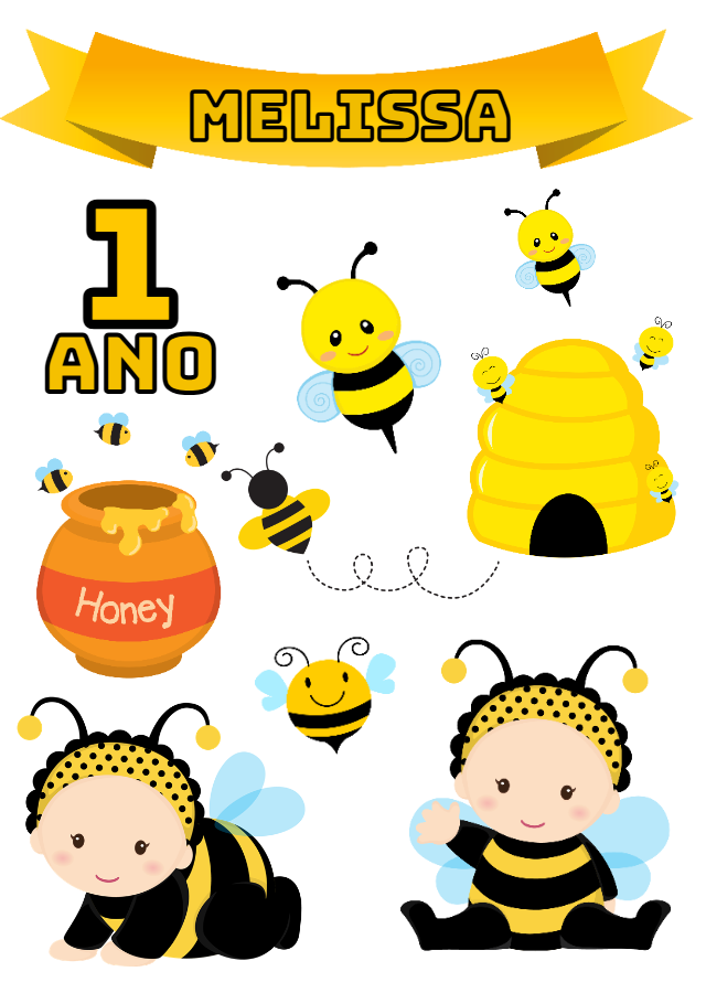 Topo de Bolo Aniversário Abelhinha Editável Online