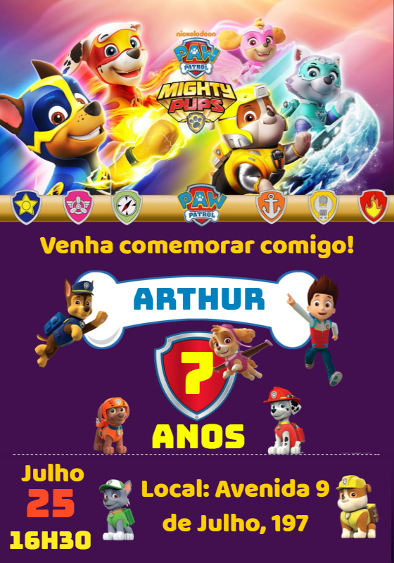 Convite Aniversário Patrulha Canina Mighty Pups para Editar Convite Aniversário Patrulha Canina Mighty Pups para Editar