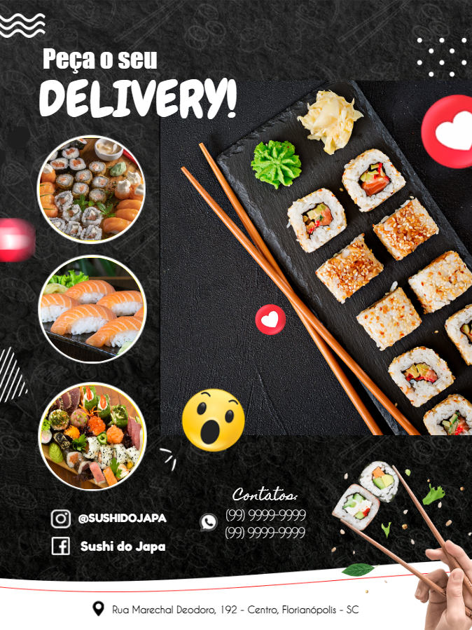 Folheto de Sushi Delivery Editável com Fotos para Editar Folheto de Sushi Delivery Editável com Fotos para Editar