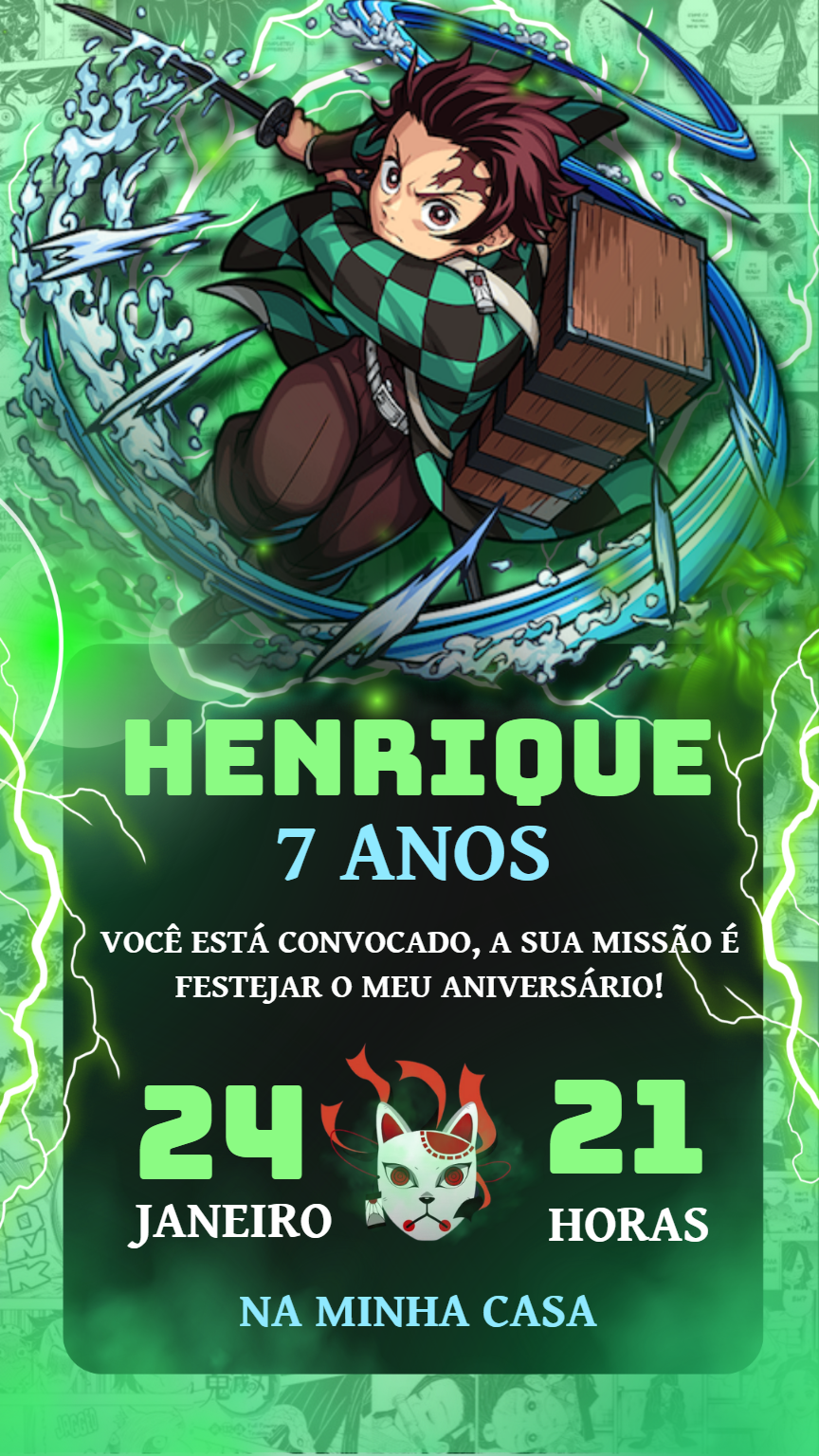 Convite de Aniversário Demon Slayer com Tanjiro para Editar Convite de Aniversário Demon Slayer com Tanjiro para Editar