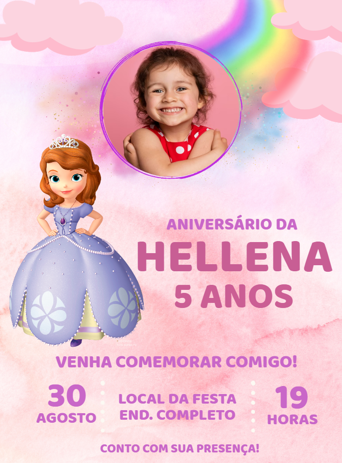 Convite Aniversário Princesinha Sofia com Foto para Editar Online Convite Aniversário Princesinha Sofia com Foto para Editar Online