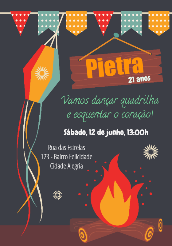 Convite Aniversário Festa Junina com Fogueira para Editar Online Convite Aniversário Festa Junina com Fogueira para Editar Online