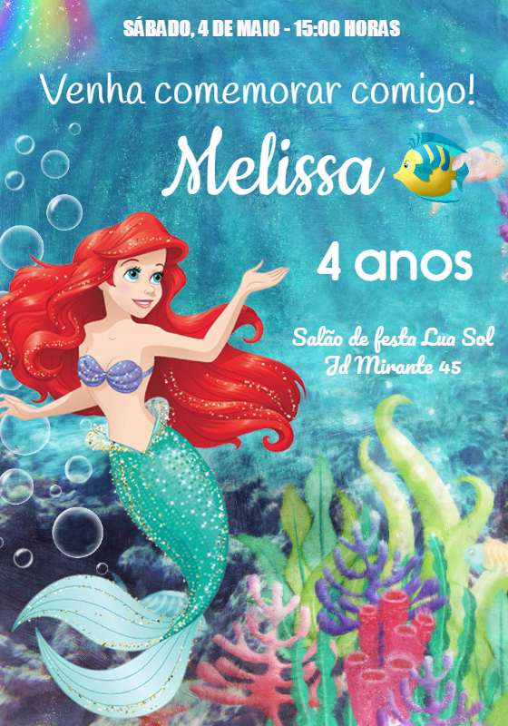 Convite Aniversário A Pequena Sereia Ariel para Editar Online Convite Aniversário A Pequena Sereia Ariel para Editar Online
