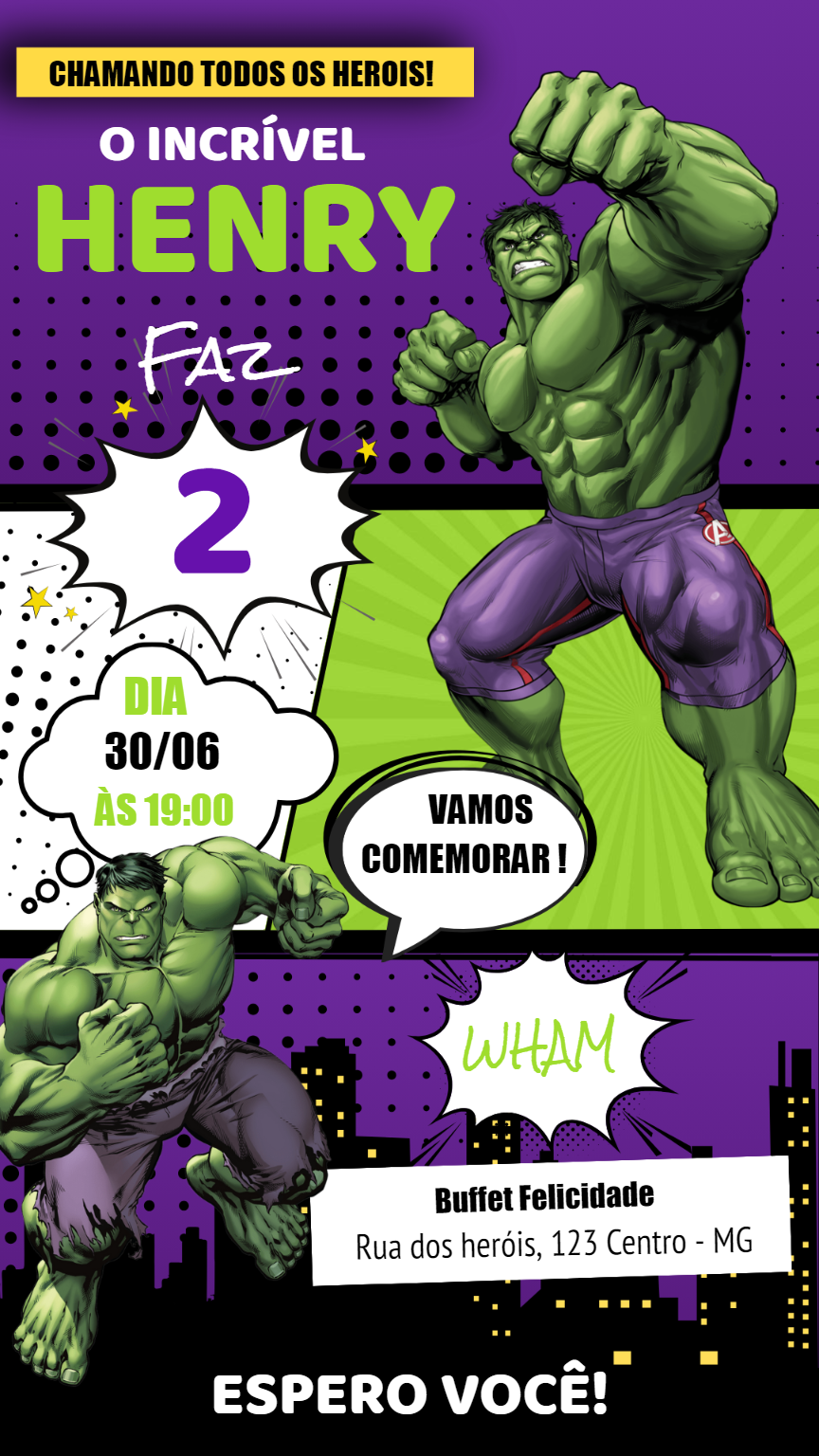 Convite de Aniversário Hulk Quadrinhos para Editar Online Convite de Aniversário Hulk Quadrinhos para Editar Online