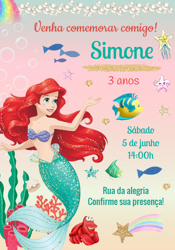Convite Aniversário A Pequena Sereia para Editar Online Convite Aniversário A Pequena Sereia para Editar Online