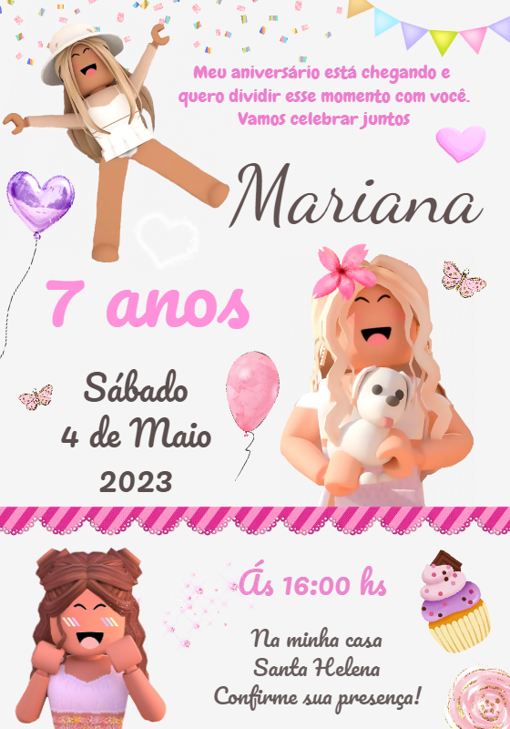 Convite Aniversário Roblox Menina para Editar Online e Imprimir Convite Aniversário Roblox Menina para Editar Online e Imprimir