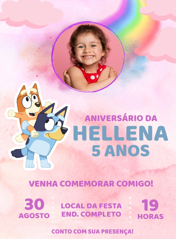 Convite Aniversário Bluey e Bingo com Foto para Editar Online