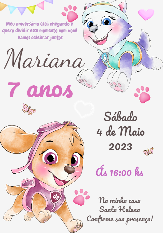 Convite Patrulha Canina Meninas para Aniversário Editável Convite Patrulha Canina Meninas para Aniversário Editável