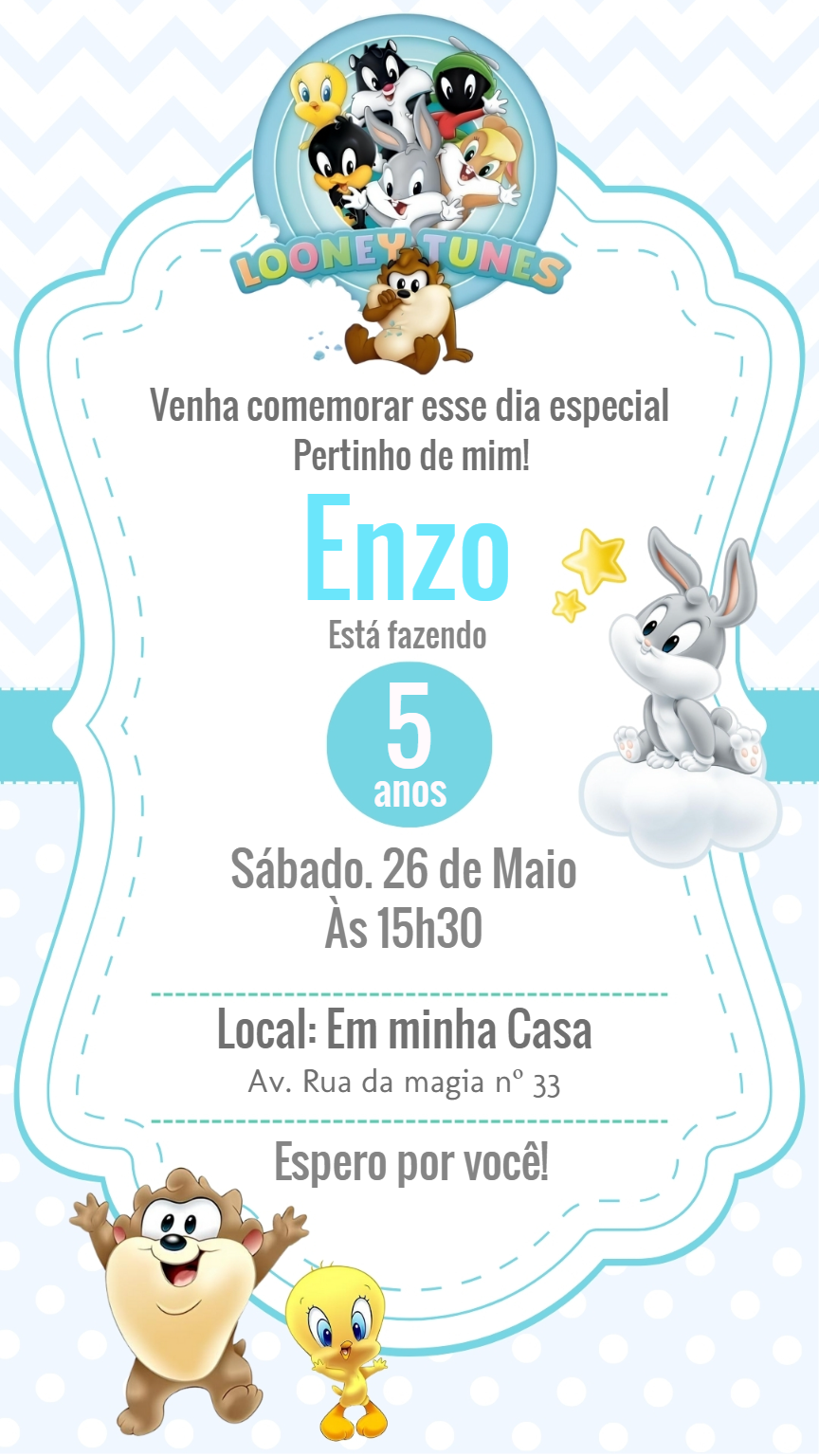 Convite de Aniversário Baby Looney Tunes para Editar Online Convite de Aniversário Baby Looney Tunes para Editar Online