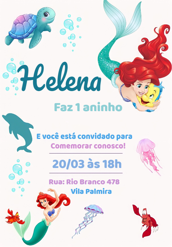 Convite Aniversário Pequena Sereia com Ariel para Editar Online Convite Aniversário Pequena Sereia com Ariel para Editar Online