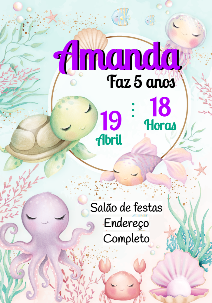 Convite Fundo do Mar com Animais Fofos para Editar Online Convite Fundo do Mar com Animais Fofos para Editar Online