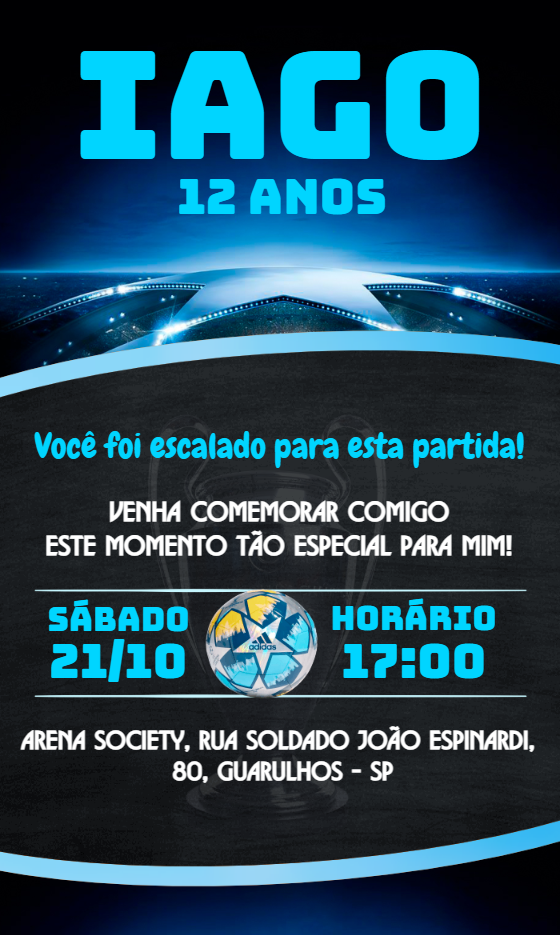 Convite Aniversário Futebol Champions League para Editar Online Convite Aniversário Futebol Champions League para Editar Online