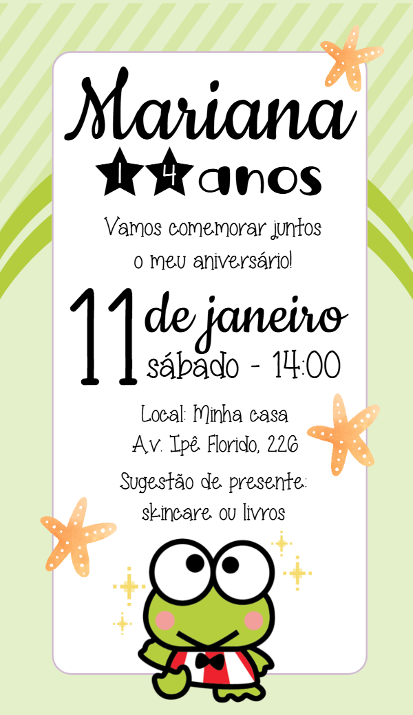 Convite de Aniversário Keroppi para Editar Online Convite de Aniversário Keroppi para Editar Online
